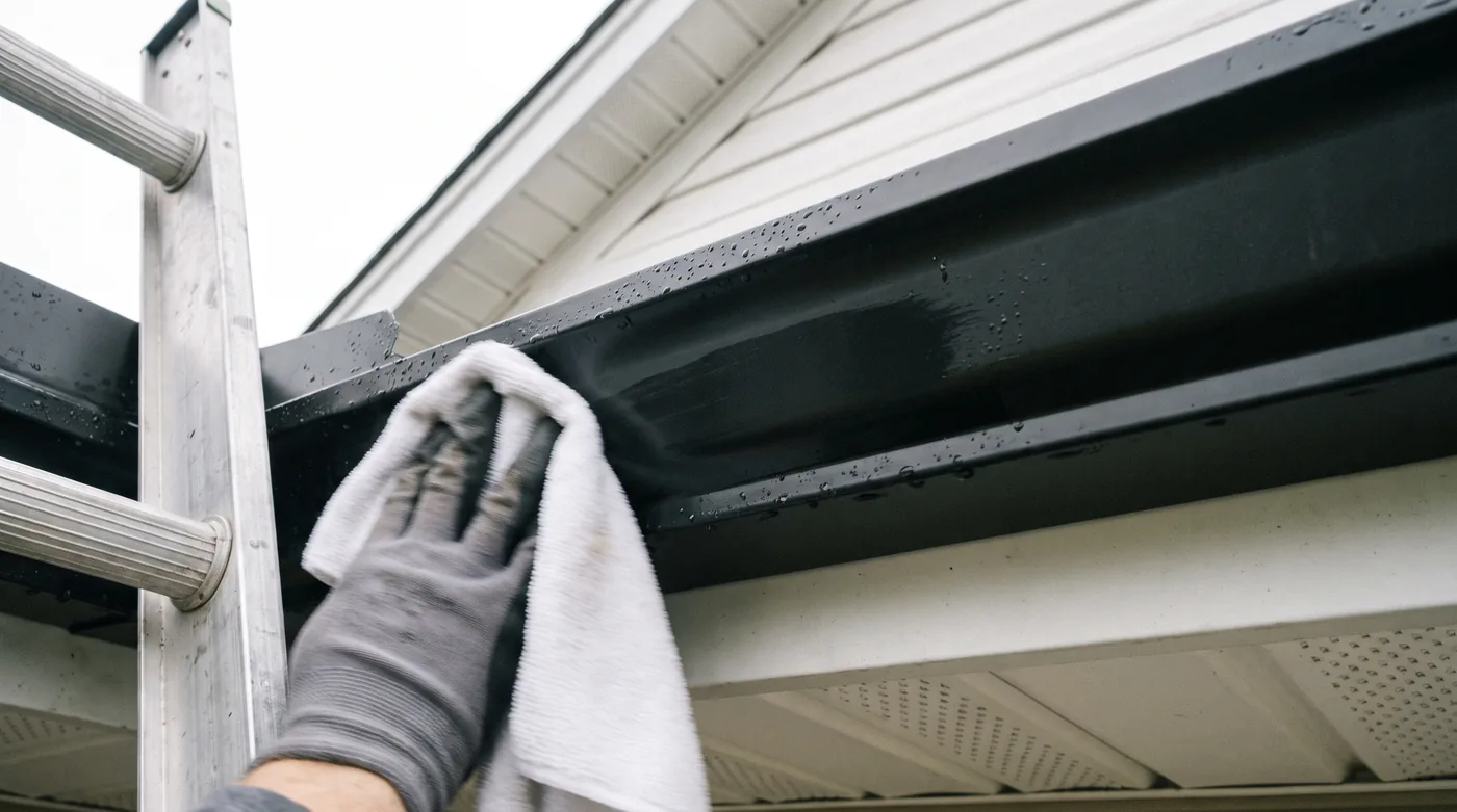 Hand drying a black gutter with a microfiber towel after a soft wash